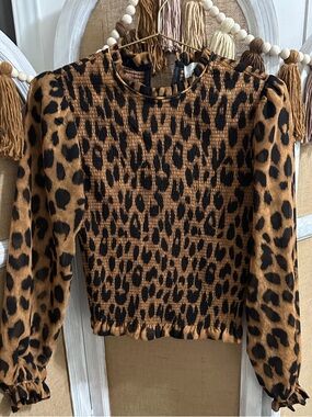 Jason Wu Leopard Print Smocked Long Sleeve Top - Brown & Black